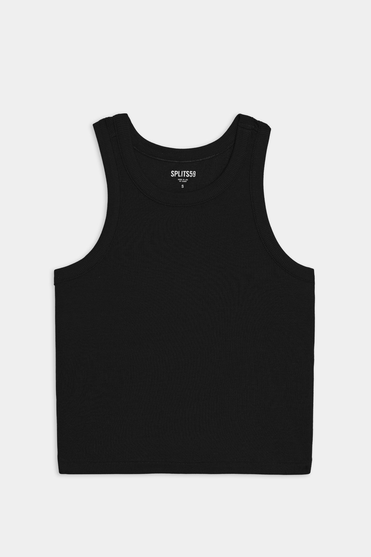 A SPLITS59 Kiki Rib Crop Tank in black on a white background, perfect for gym workouts.