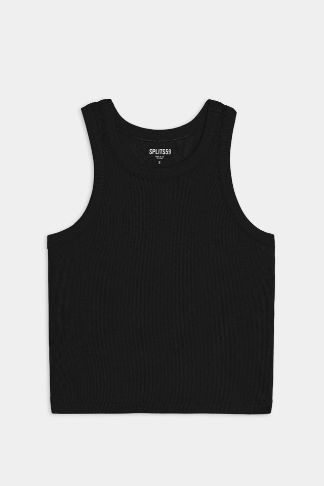 A SPLITS59 Kiki Rib Crop Tank in black on a white background, perfect for gym workouts.