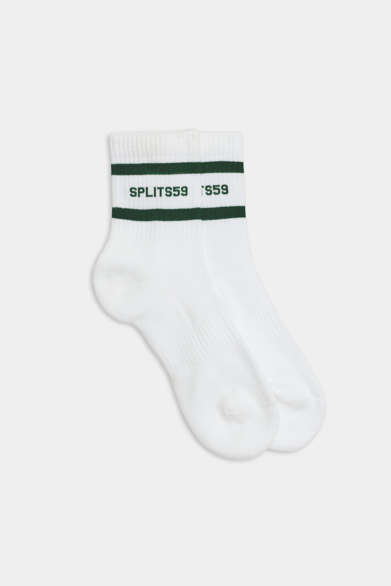 A pair of Logo Stripe Quarter Socks by SPLITS59, featuring a retro-inspired design in white with black stripes near the top and 