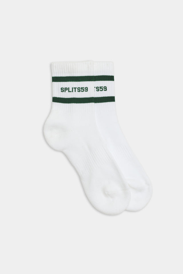 A pair of Logo Stripe Quarter Socks by SPLITS59, featuring a retro-inspired design in white with black stripes near the top and 