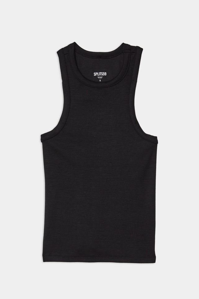 A SPLITS59 Kiki Rib Tank Full Length in Black, perfect for gym workouts on a white background.