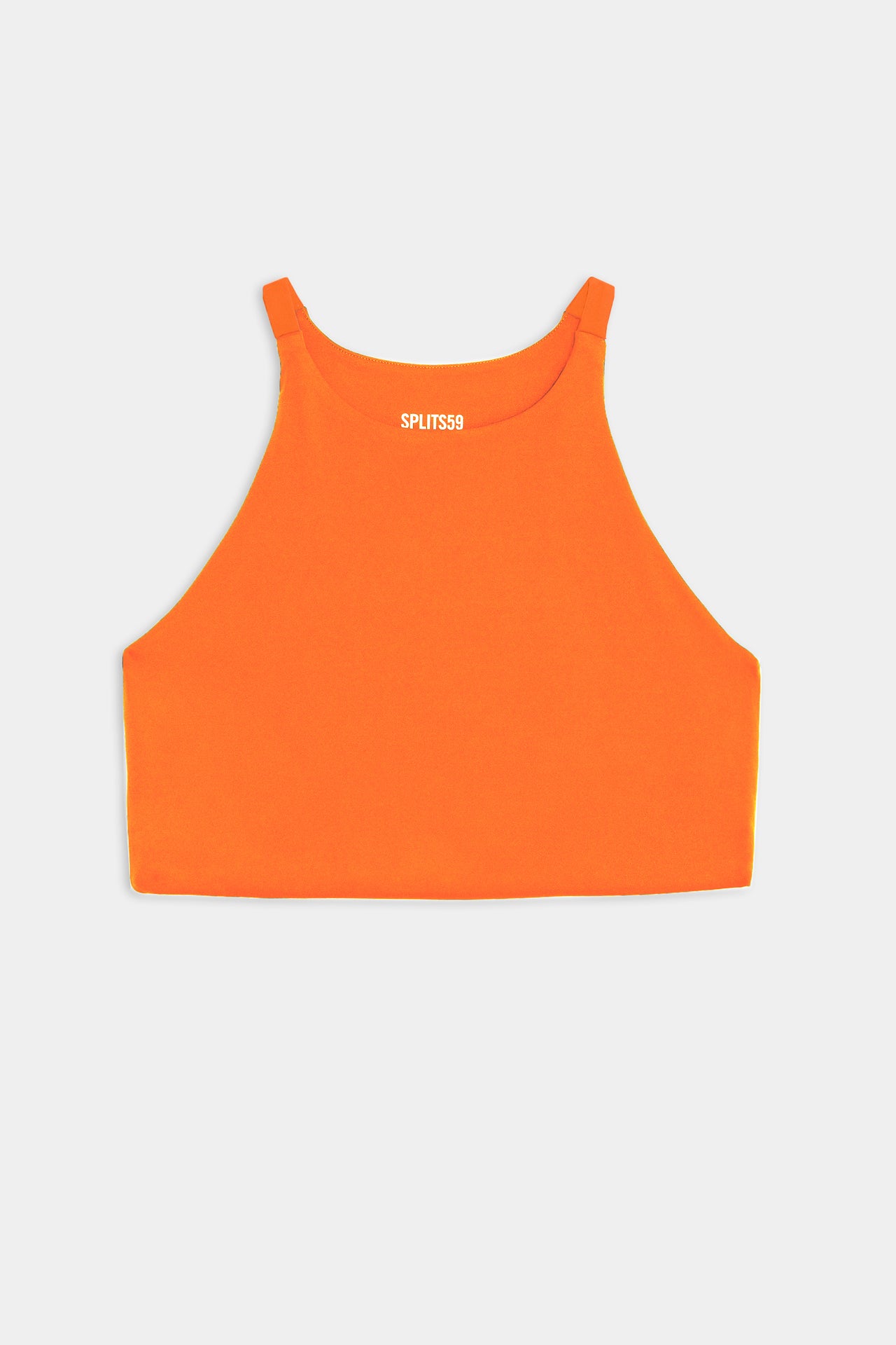 Flat view of orange sports bra that stops at collarbone