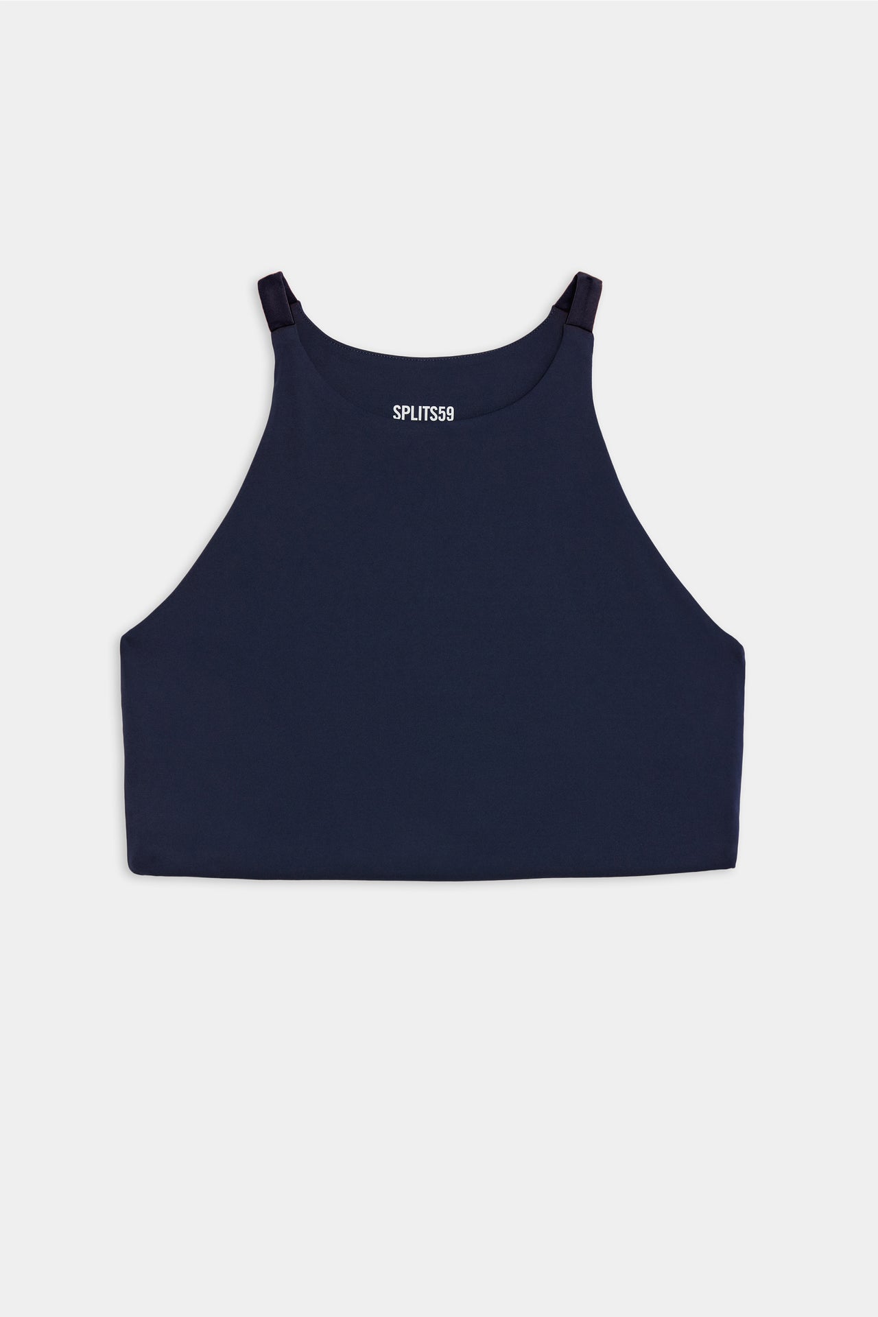 Flat view of dark blue sports bra that stops at collarbone
