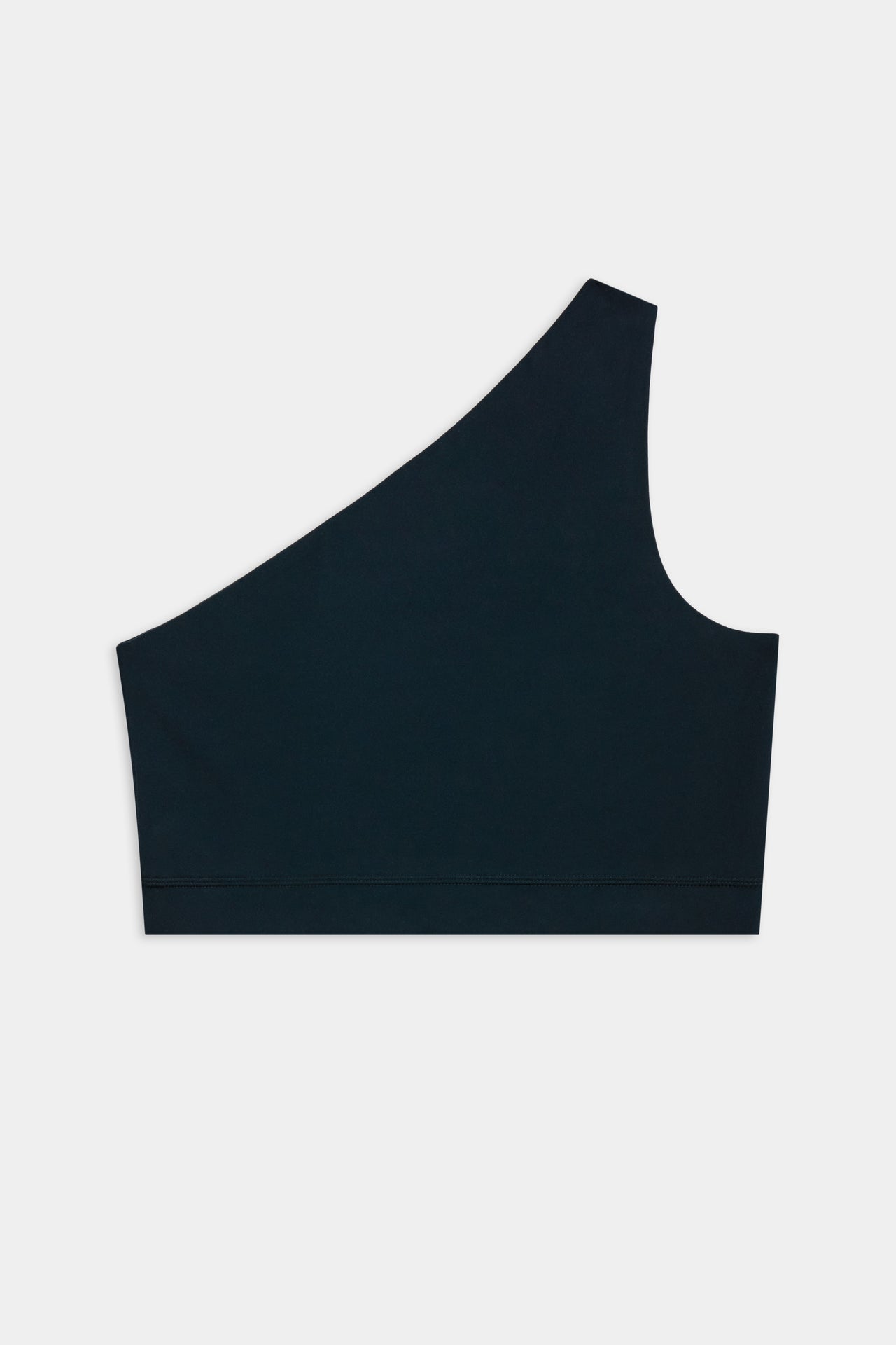 Flat view of a black one shoulder bra 