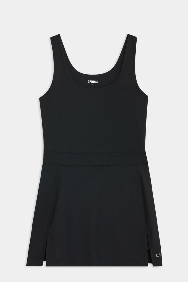 A SPLITS59 women's Martina Rigor Dress in black, ideal for high-impact workouts.