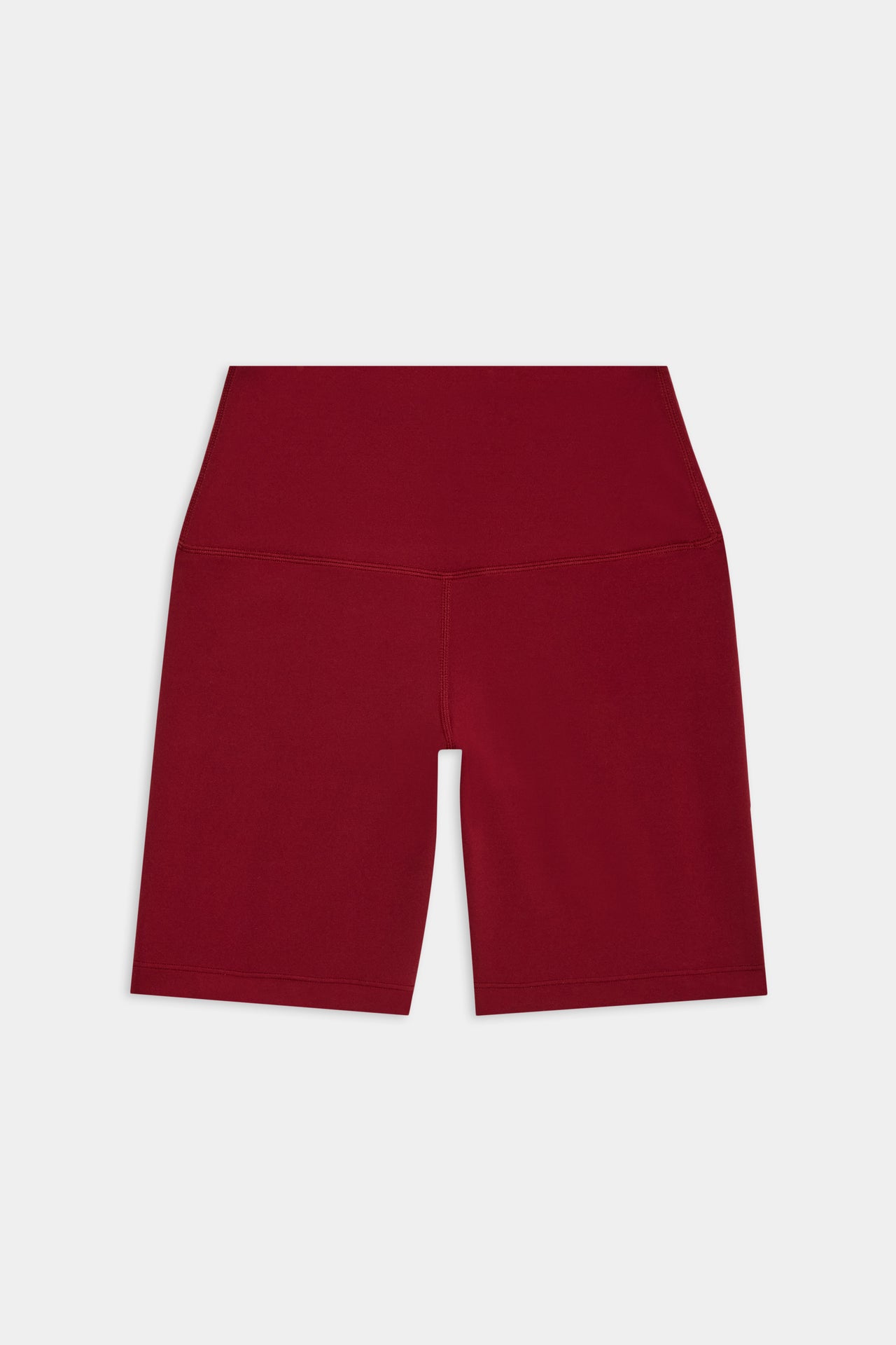 Flat view of deep red mid thigh bike shorts
