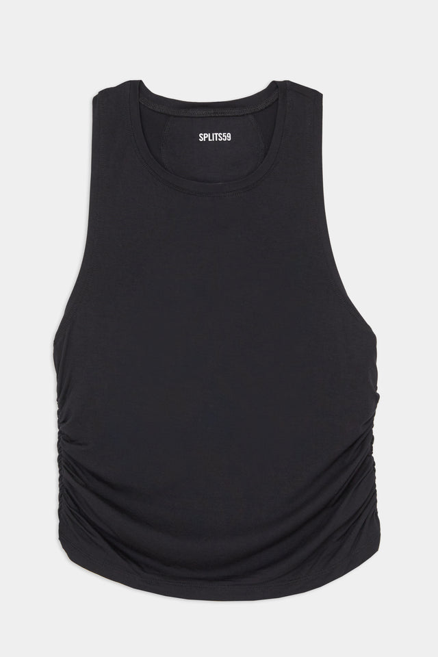 A Frida Jersey Tank in black with a ruched neckline, perfect for layering or gym workouts from SPLITS59.