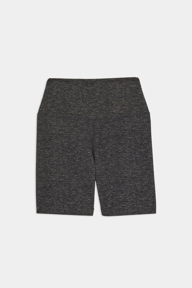 Flat view of highwaisted mid thigh grey bike shorts