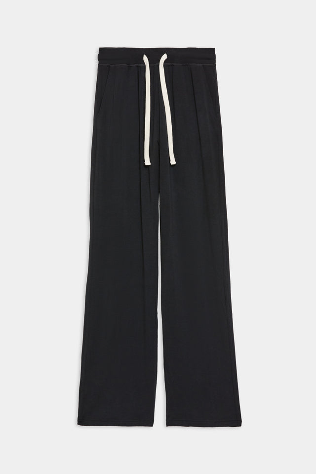 Front flat view of black high rise wide leg relaxed fit sweatpant with side pockets and white drawstring