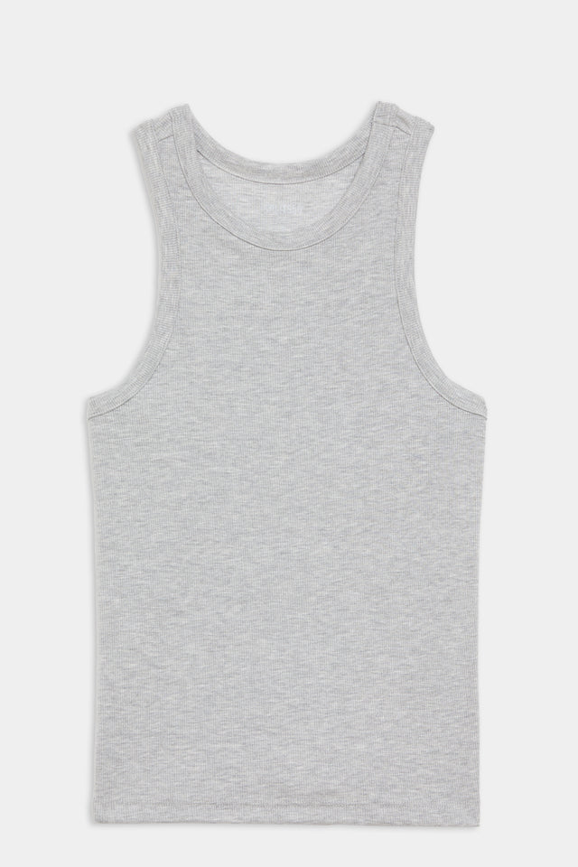 A Kiki Rib Tank Full Length in Heather Grey designed for gym workouts on a white background by SPLITS59.