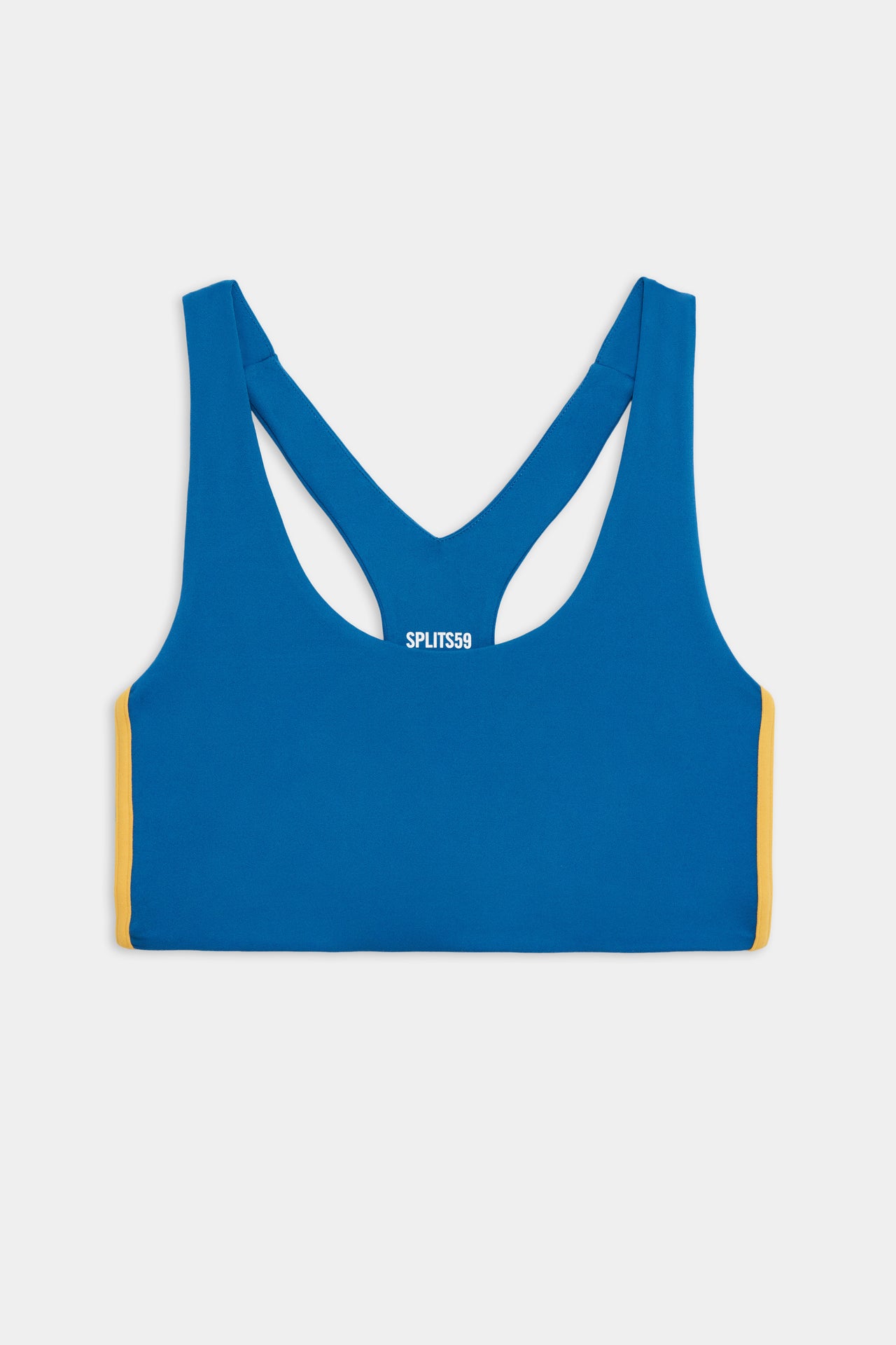 Flat view of blue sports bra with two yellow stripes down the side
