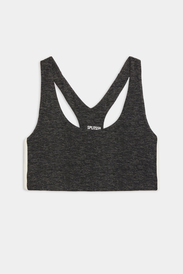 Flat view of light dark grey sports bra with two thin white stripes down the side