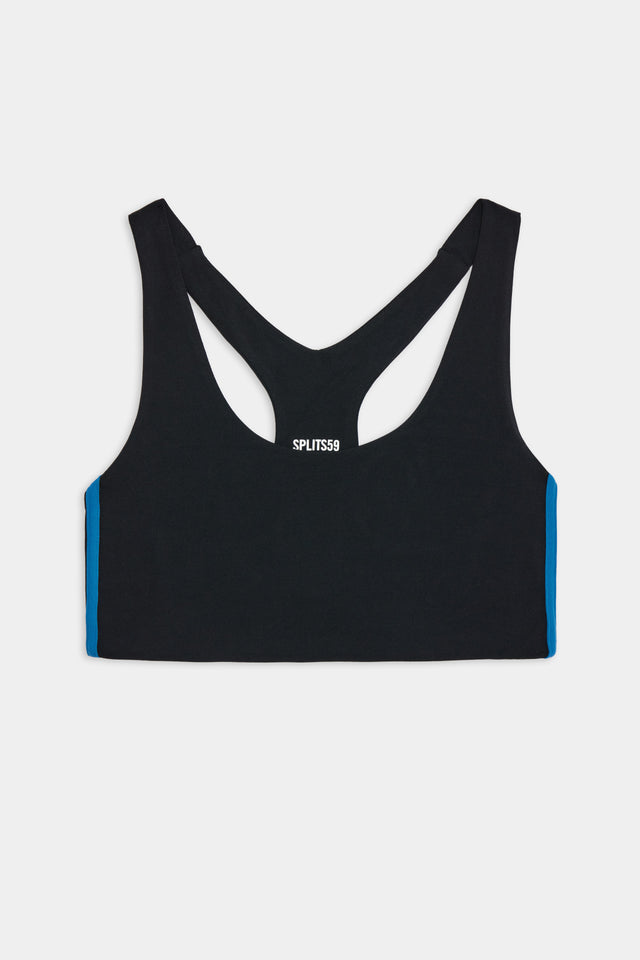 Flat view of black sports bra with blue stripes down the side