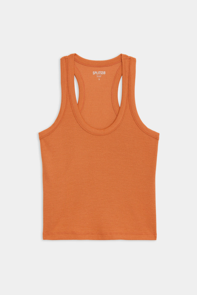 Flat view of a ribbed orange cropped tank top 