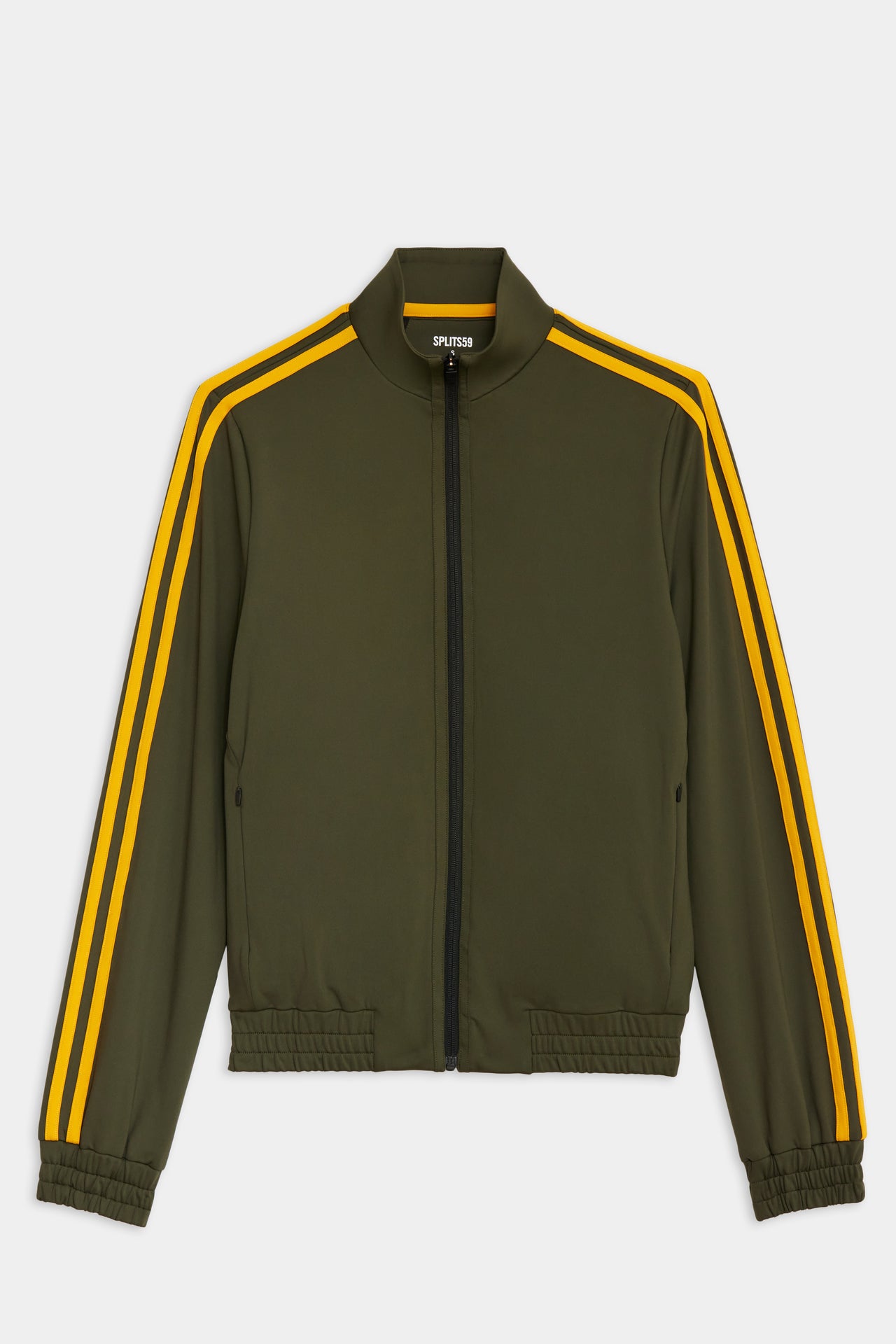 Flat view of dark green sweatshirts with two yellow stripes down the side