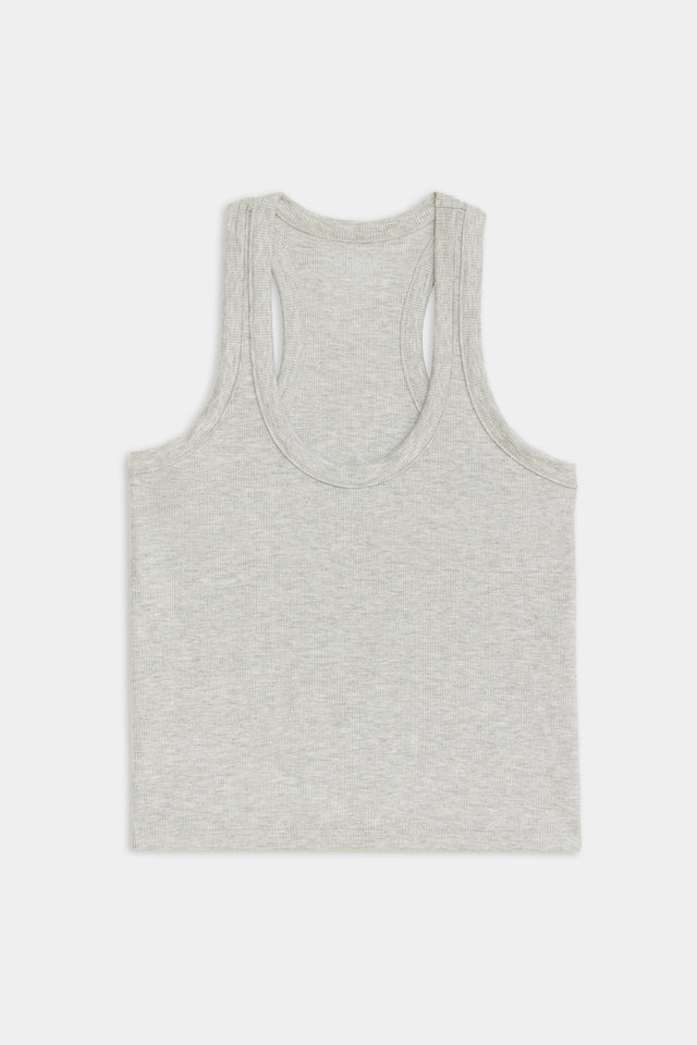 Flat view of a ribbed grey cropped tank top 