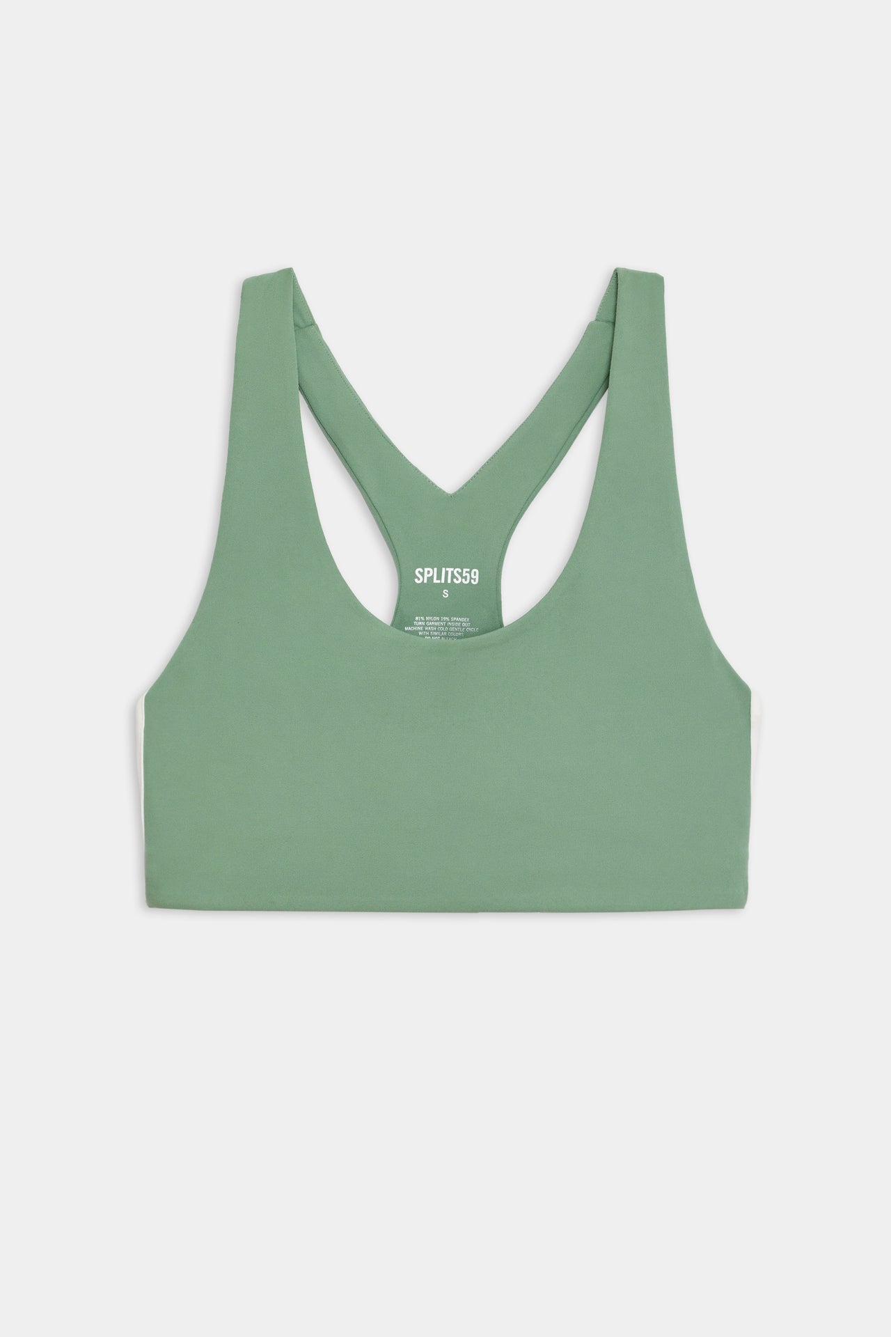 Flat view of light green sports bra with two thin white stripes down the side