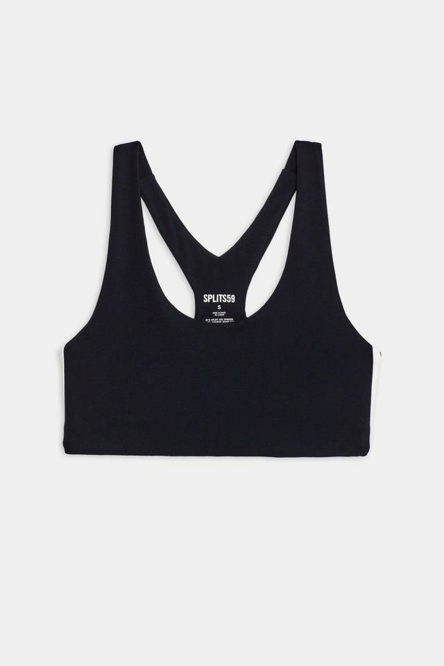 Flat view of black sports bra with two thin white stripes  down the side 