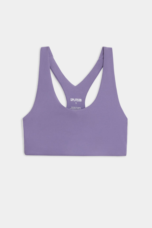 Flat view of light purple sports bra with two thin white stripes down the side