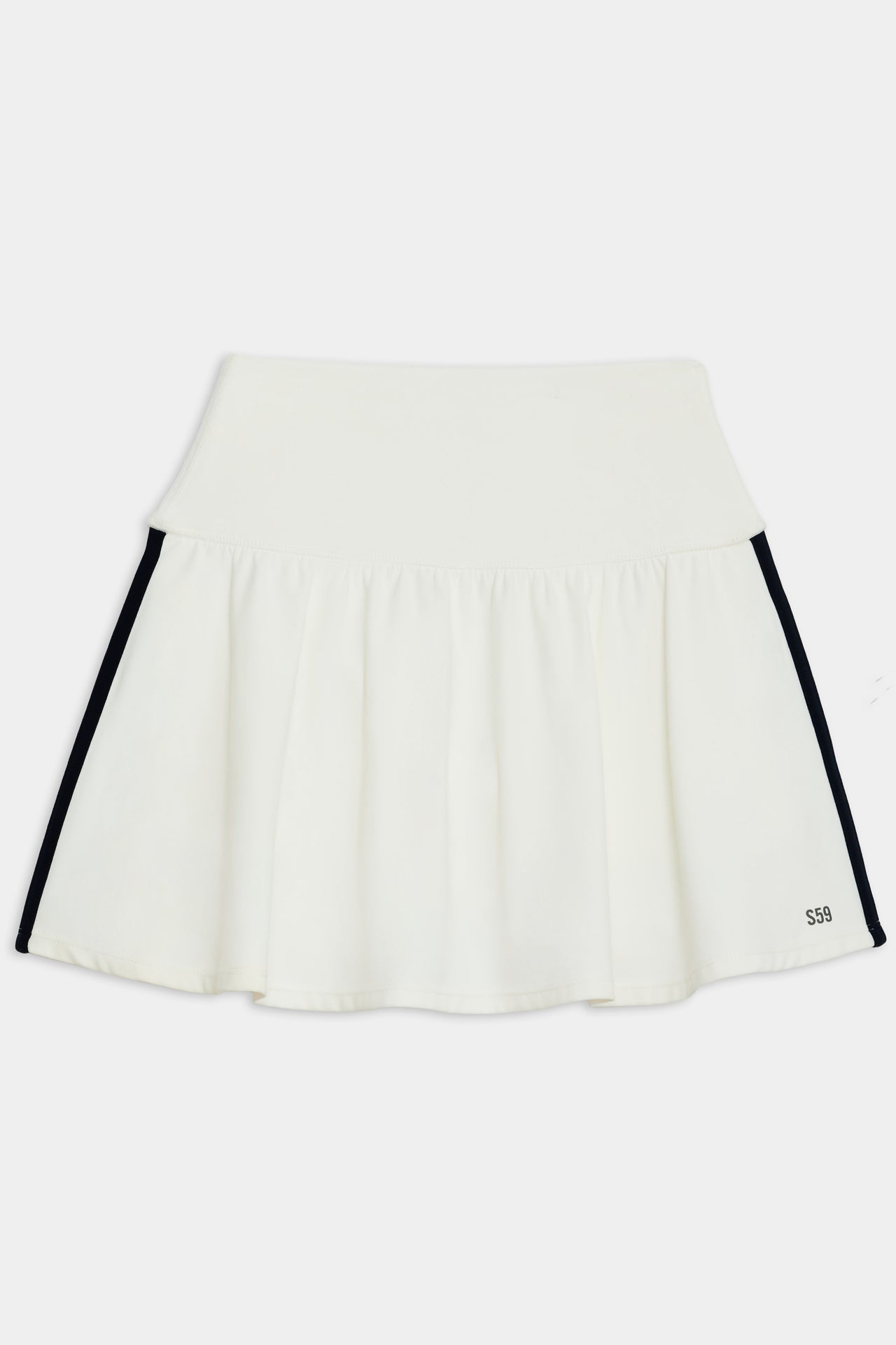 Flat view of white upper thigh skirt with built in shorts, with two black stripes going down the side 