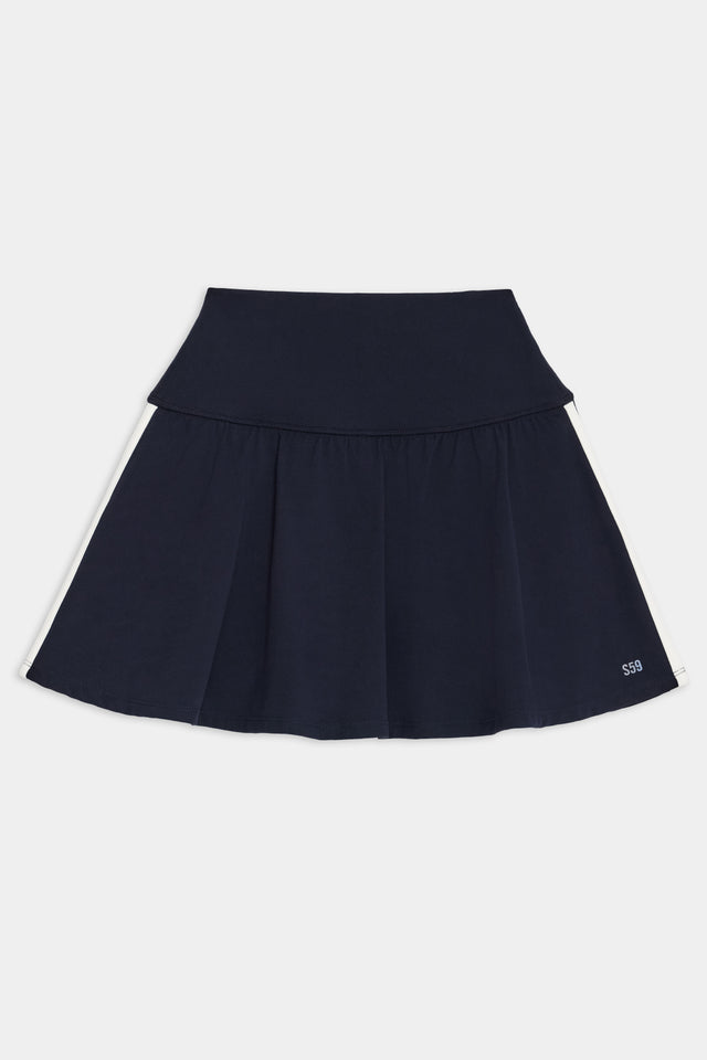 Flat view of dark blue upper thigh skirt with built in short and with two white stripes down the side