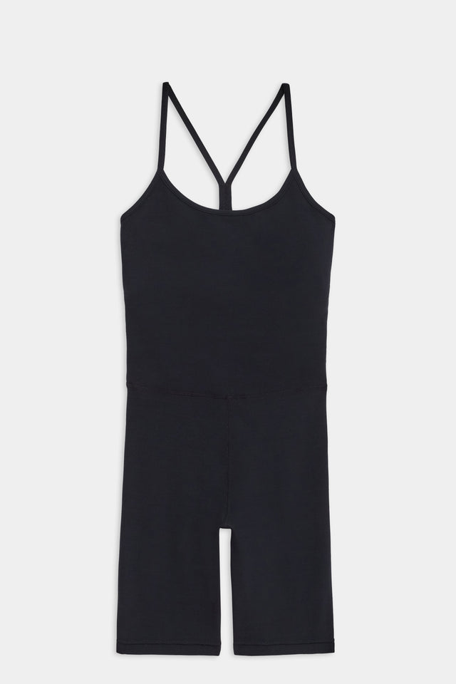 Flat view of black mid thigh spaghetti strap body suit/one piece