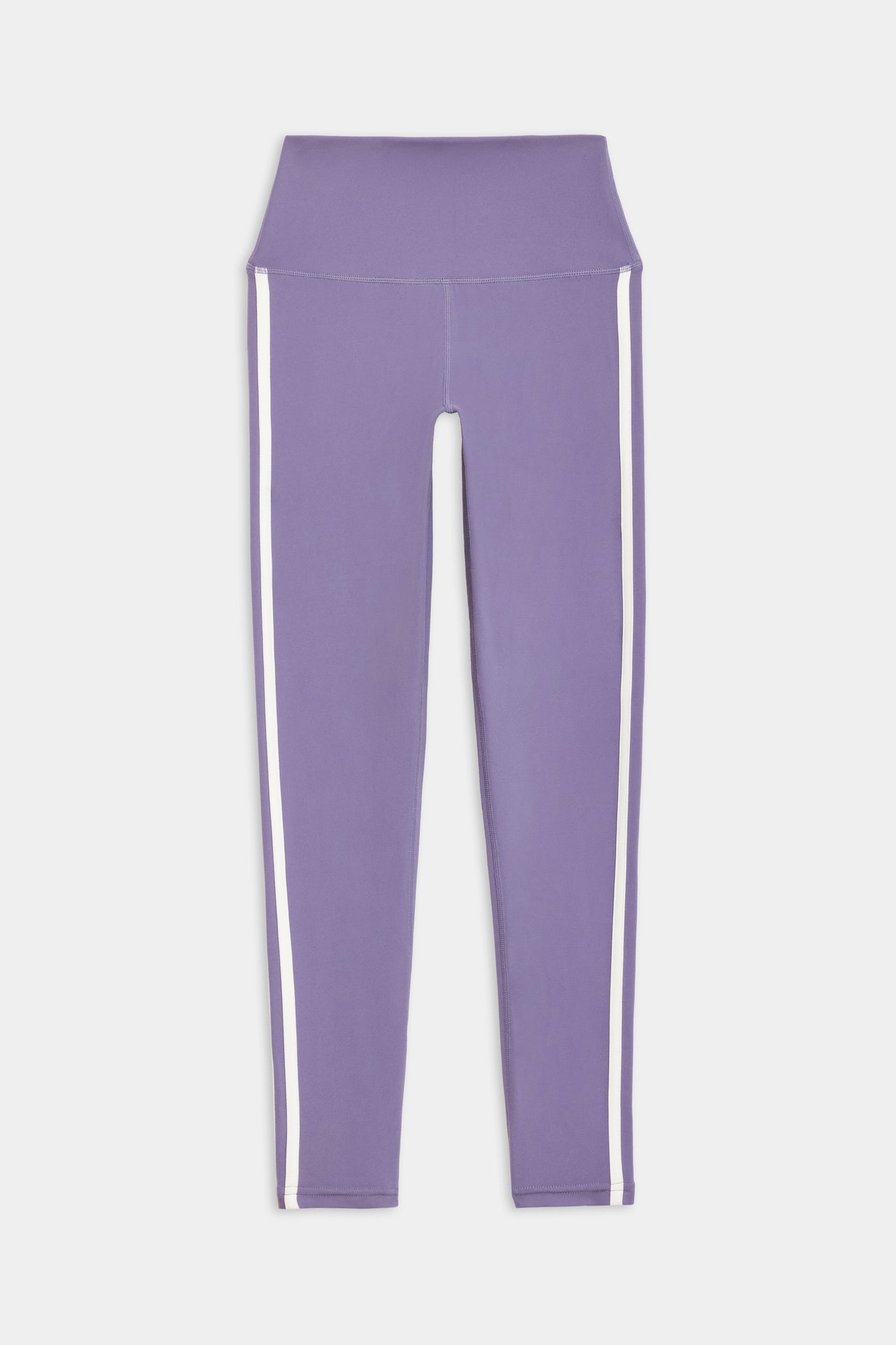 Flat view of light purple leggings with two white stripes down the side