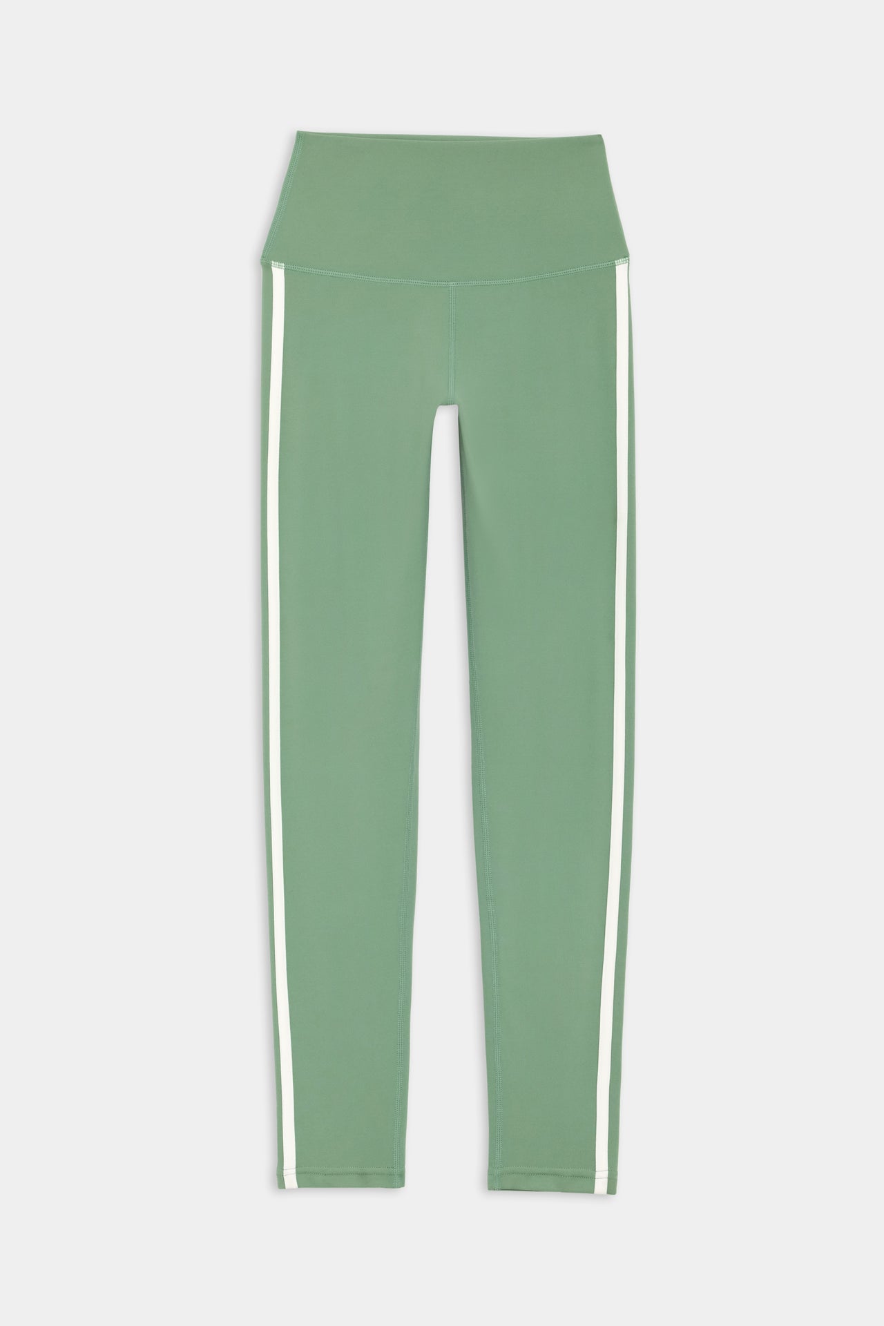 Flat view of light green leggings with two white stripes down the side