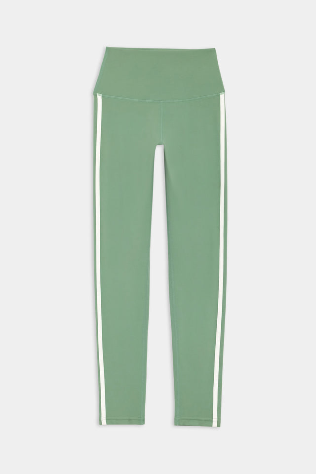 Flat view of light green leggings with two white stripes down the side