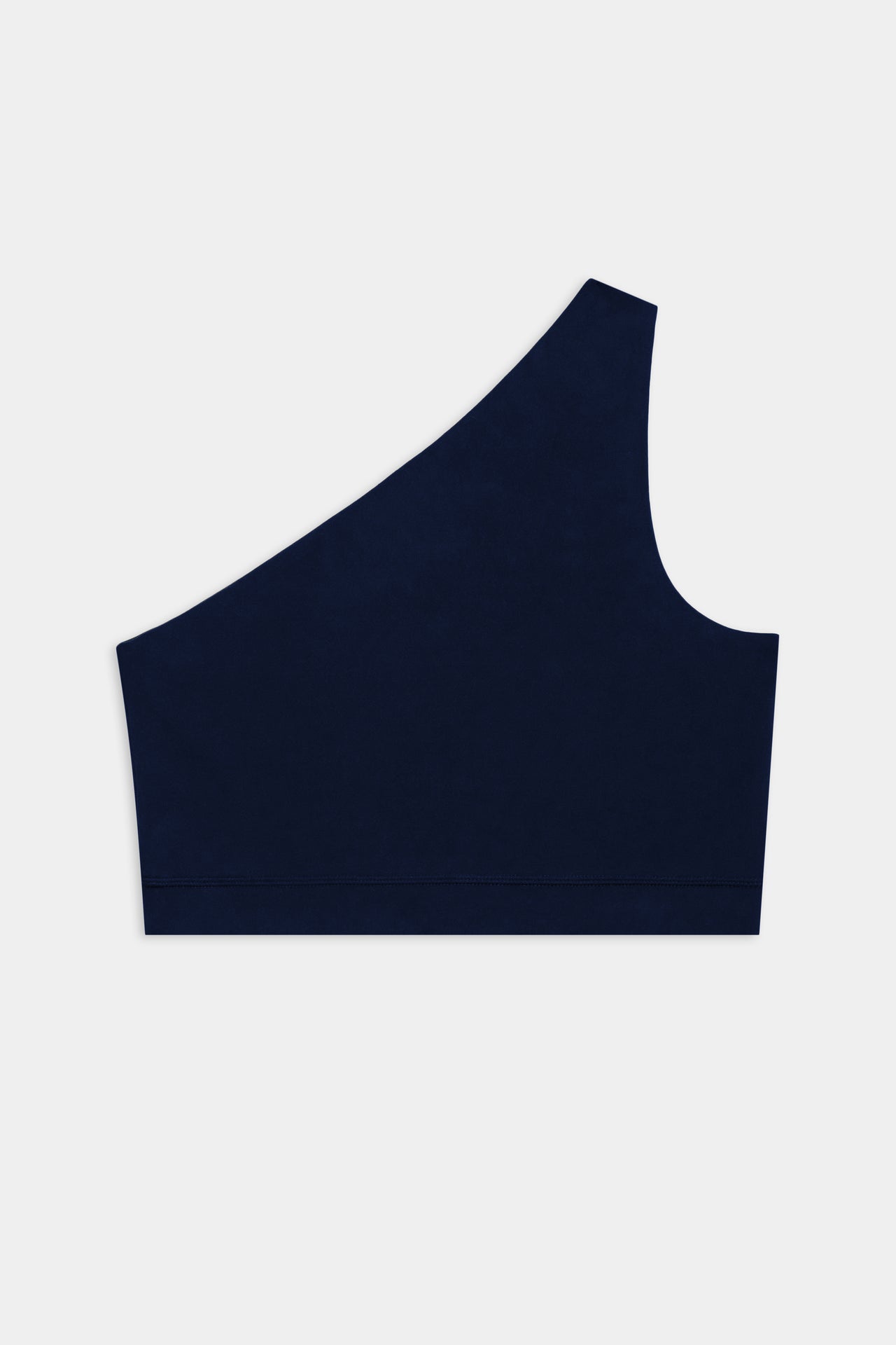 Flat view of a dark blue one shoulder bra 