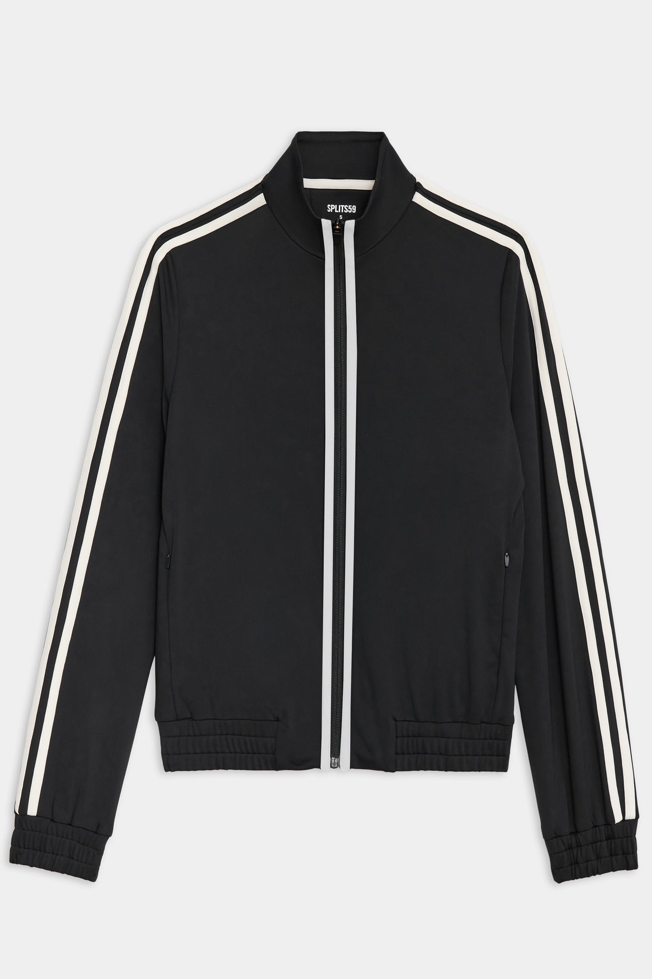 Flat view view of black zip jacket that stops under chin with two white stripes down the side and the front 