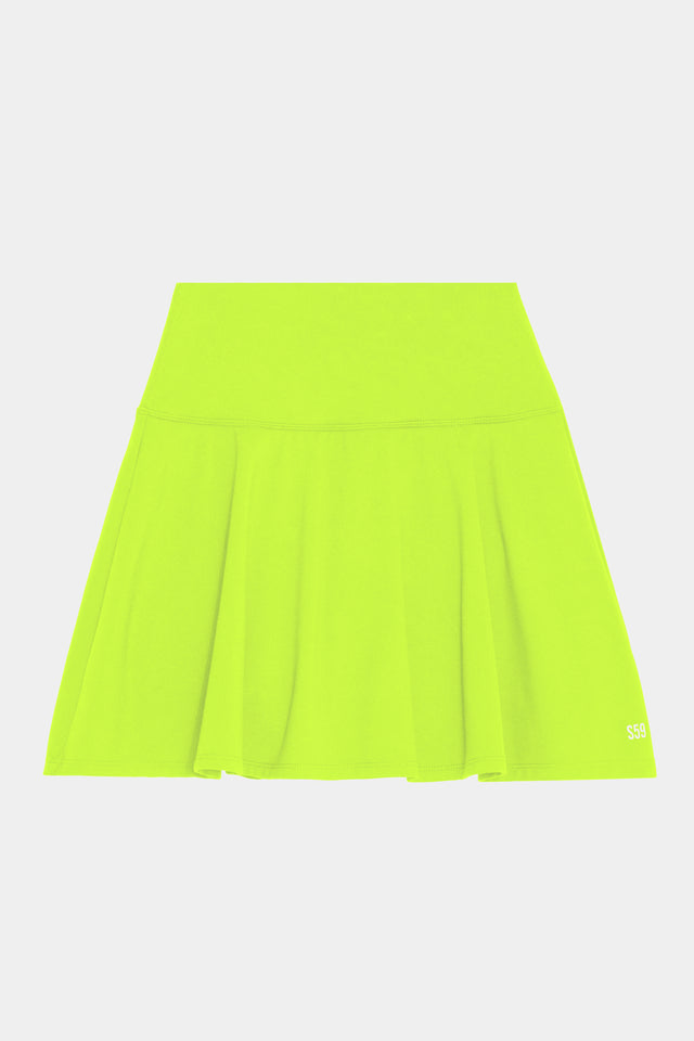 Flat view of neon green upper thigh skirt with built in shorts