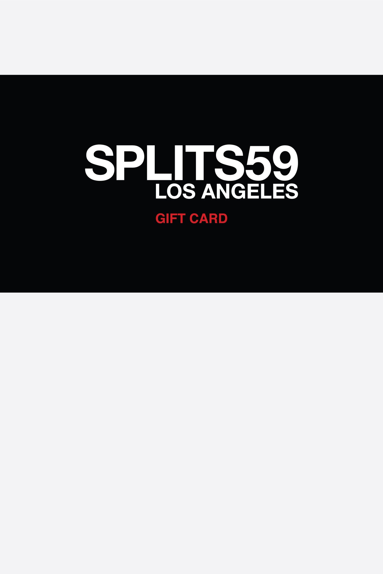 Black band with Splits59 Los Angles in white and gift card in red with a white background